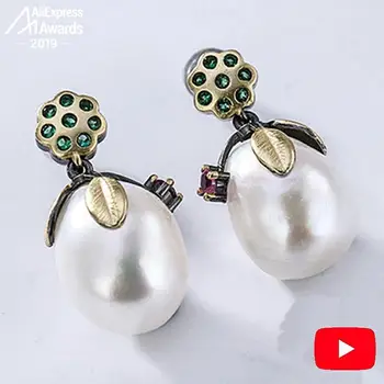 

Oh My God WOW Super Beautiful Freshwater pearl S925 emerald ruby leaf sterling silver plant earring mother's day flower gift