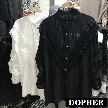 

New 2020 Spring Women's Stand Collar Lace Chiffon Blouse Solid Color Lantern Sleeve Loose Shirt Big Size Tops