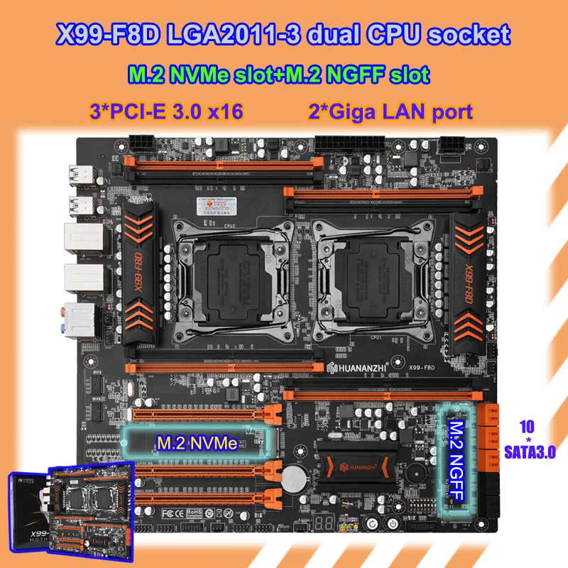 Материнская плата HUANANZHI X99 F8D LGA2011 3 с двумя разъемами CPU для процессоров 2678 2680 2690 V3 V4
