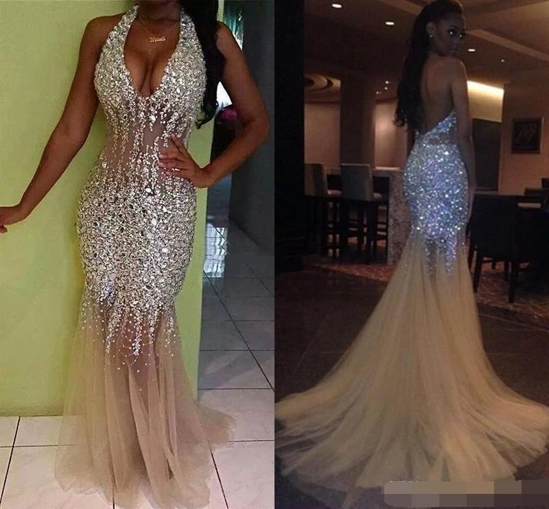 

Stunning Bling Bling Crystal Mermaid Prom Dresses 2019 robe de soiree Long African Girls Sexy Backless Evening prom dress Beaded