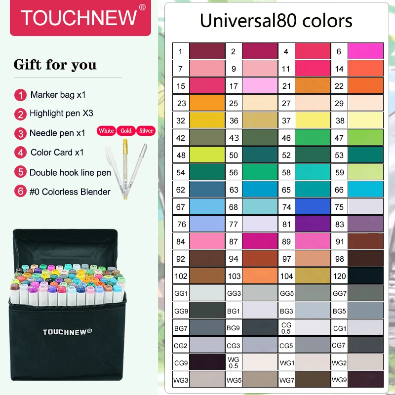 W6th80ColorGeneral TouchFIVE маркер ручка набор 40/60/80/168 Цвет анимация маркер для рисования с двумя головками рисунок художественная кисть ручки на спиртовой основе с 6 подарки - Цвет: W6th80ColorGeneral