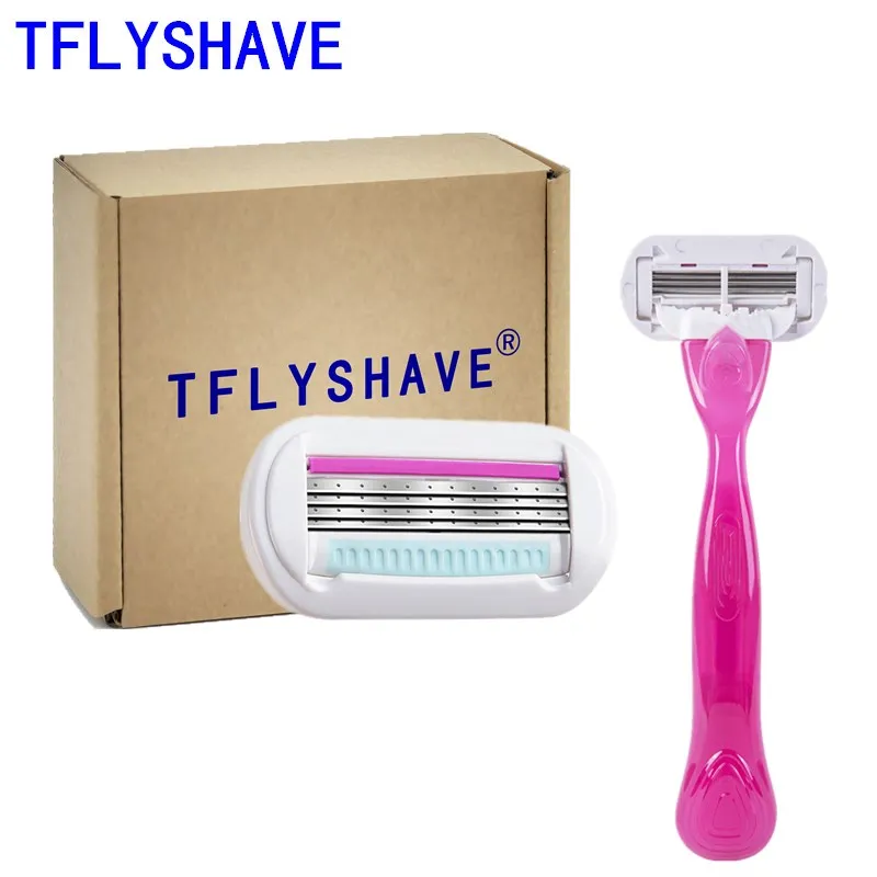 

TFLYSHAVE 1Handle 2Blade Safety Beauty Manual Stainless Steel Blade Shaving Women 4Layers Blades Shaver Razor Replacement Head