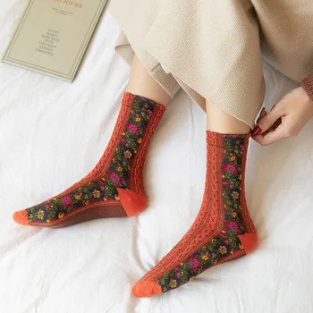 

Embroidered Printed Socks Female Retro Socks Boho Style Cotton Socks Personalized Art Cotton Socks Vintage Embroidered Socks