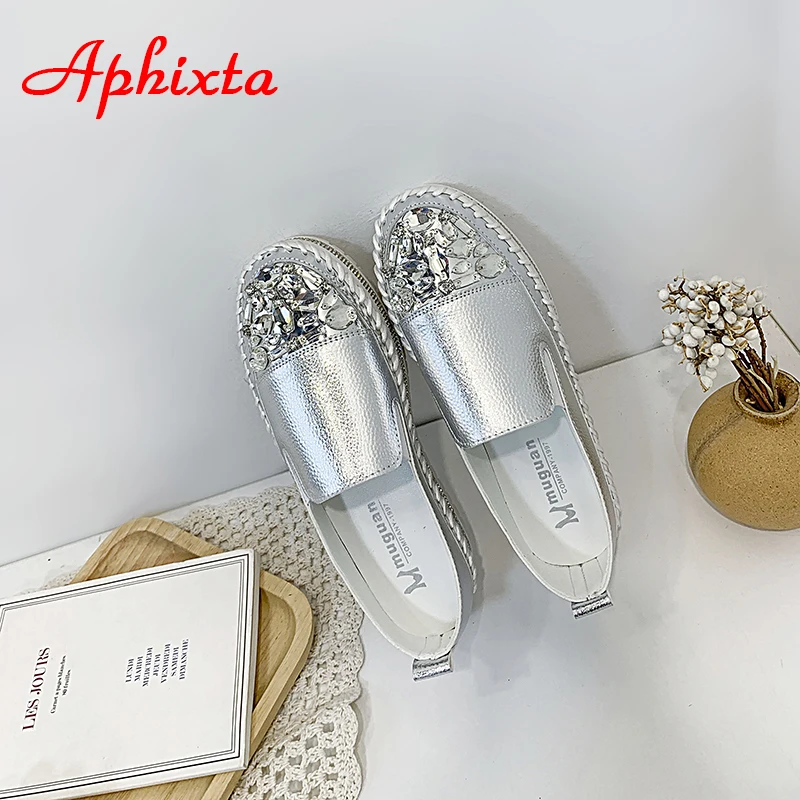 Women Shoes Casual Shoes Women Flats Aphixta Crystals Round Toe Leather Flats Shoes Women Silver Bling Loafers Couple Platform Shoes Woman Flat With Students Size 43