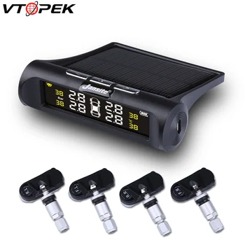 Vtopek Smart Car TPMS Wireless Tire Pressure Monitoring System Solar Charging LCD Display Auto Alarm Systems with 4 Sensors careud t801 nf auto car tpms tire pressure solar panel monitoring system with 4 internal sensors