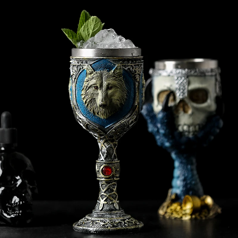 Horrible Resin Stainless Steel Skull Goblet Retro Claw Wine Glass Gothic Cocktail Glasses Wolf Whiskey Cup Party Bar Drinkware