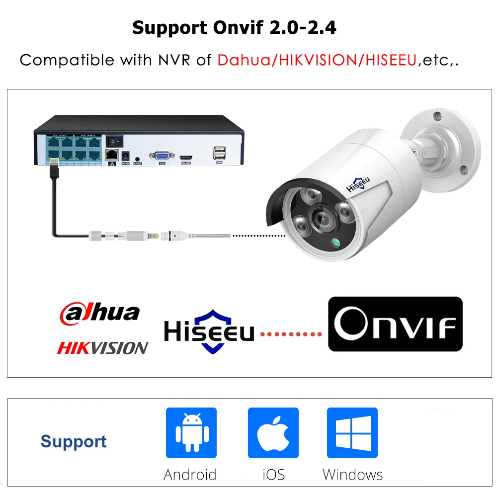 Hiseeu H.265 аудио безопасности IP камера POE 4MP ONVIF Открытый Водонепроницаемый IP66 CCTV камера P2P видеонаблюдения для дома POE NVR