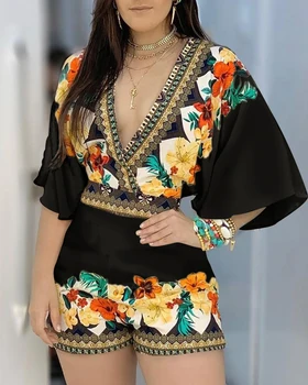 

Women Deep V Neck Floral Half Sleeve Romper Female Short Casual Jumpsuit Beachwear Lady 2020 Spring Playsuit Femme Vestidos