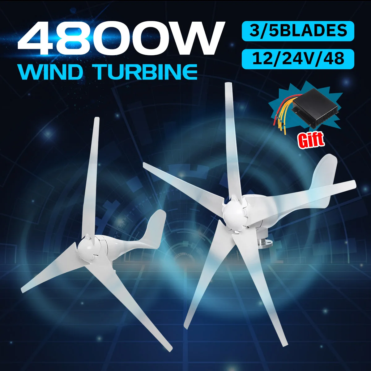 

4800W Wind Power Turbines Generator 3/5 Wind Blades 12/24/48V Option With Waterproof Charge Controller Fit for Home Or Camping