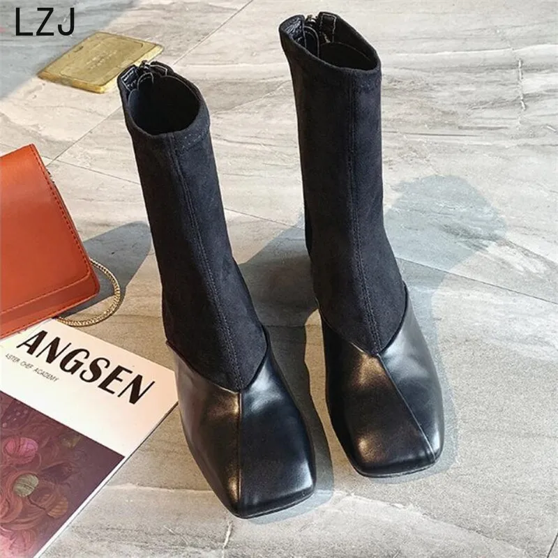 

LZJ Women Black Suede Boots 2020 Fashion Spring Autumn Stretch Boots Zipper Chunky Square Head Pointed Toe Women Shoes L767
