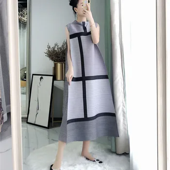 

TVVOVVIN 2020 New Spring And Summer Stand Collar Sleeveless Contrast Colors Pullover Pleated Vintage Dresses WK63803