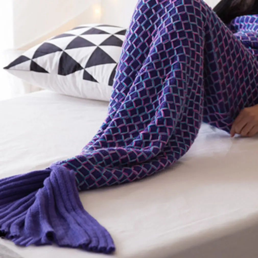 Mermaid Blanket Handmade Knitted Sleeping Wrap TV Sofa Tail Kids Adult Baby crocheted bag Bedding Throws | Дом и сад