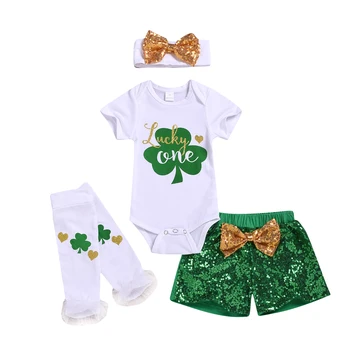 

St. Patrick's day Infant Baby Girls Clothes Sets 4pcs Letter Print Short Sleeve Romper Tops+Sequined Shorts+Headband+Leg Warmers
