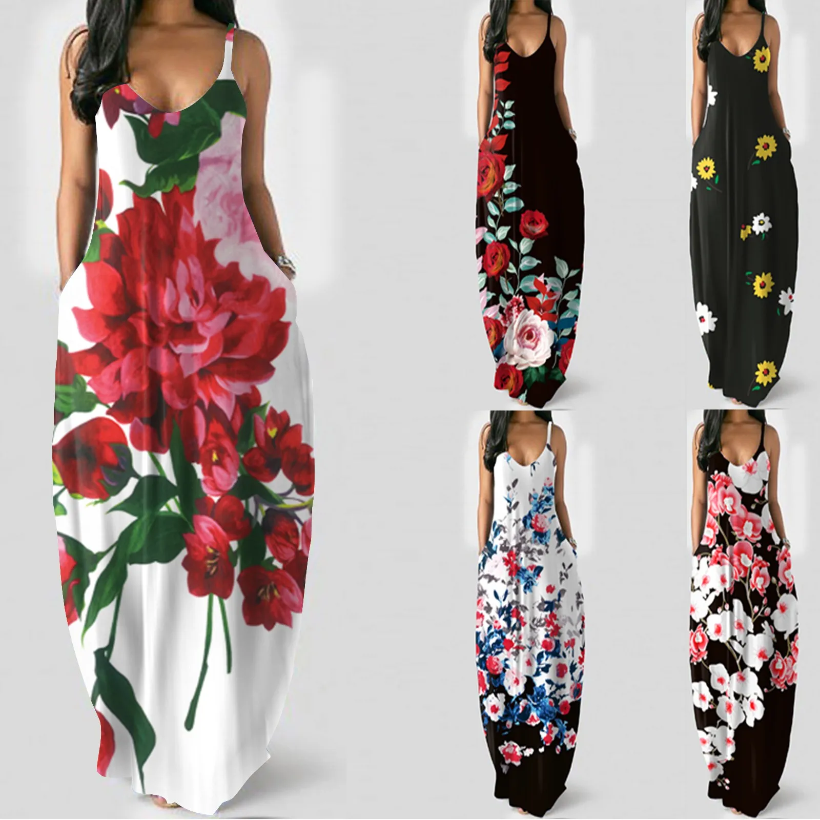 Women's fashion Dress large floral print sexy deep V halter long dress Female loose Casual Sundress Floor-Length Mujer Vestido 1