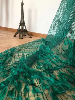 

Wholesale French fringed lace fabric with feather high quality handmade African glitter sequined fabric for royal wedding dress