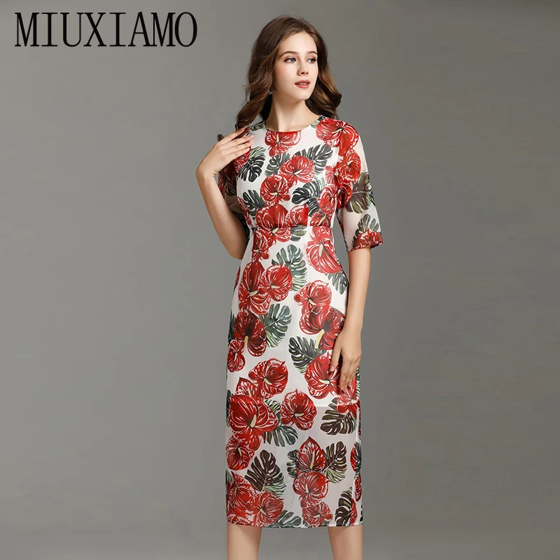 MIUXIMAO, высокое качество,, осенне-весеннее платье, зеленое, красное, с принтом в виде листьев, офисное, женское, элегантное, Повседневное платье, vestidos