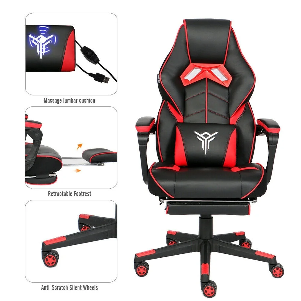  Ergonomic Racing Gaming Chair Video Games PU Leather Office Swivel Recliner Computer Seat Footrest
