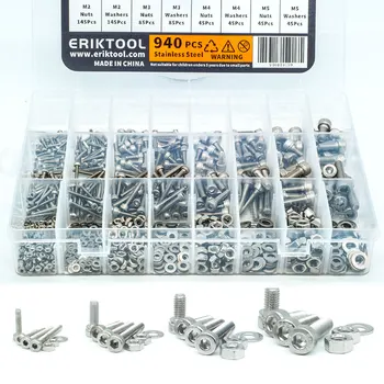 

940Pcs M2 M3 M4 M5 Hex Screw Set Stainless Steel Hexagon Socket Flat Round Cap Head Screw Kit Bolts and Nuts Allen bolts Set