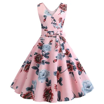 

Photo Shoot Hot Selling Retro Hepburn Wind Waist Hugging Slimming Printed Expandable Dress 378