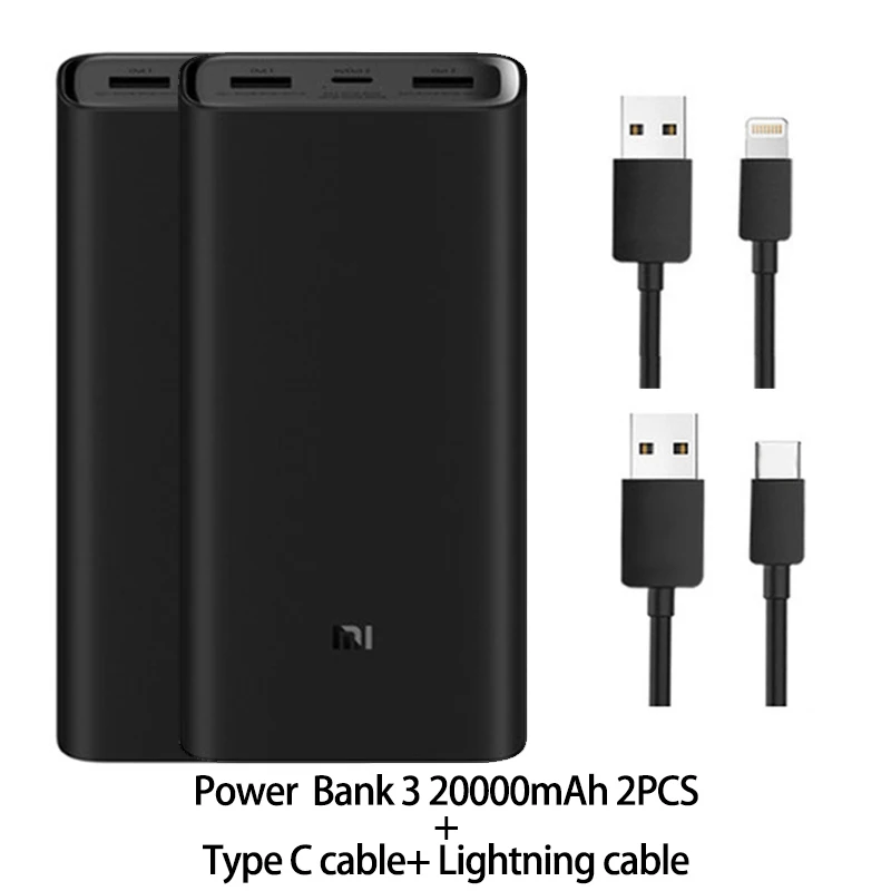 Xiaomi mi power Bank 20000 мАч 3 USB-C 45 Вт три порты вывода PD быстрое зарядное устройство power bank Xiao mi 2C внешний аккумулятор - Цвет: 2 Bank 2 cable