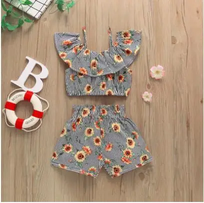 1-6 Year Old Toddler Baby Girl Clothes Watermelon Sunflower Print Ruffle Drop Shoulder Strap Top Shorts 2-Piece Summer Set kids clothing set,girls clothing set