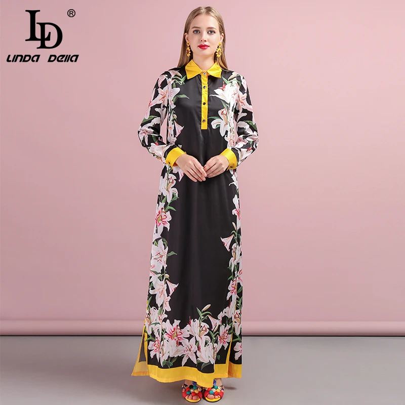 

LD LINDA DELLA Fashion Autumn Maxi Dress Plus size Women's Long Sleeve Vintage Lily Printed Loose Elegant Holiday Long Dress