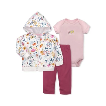 

3pcs Cute Soft Baby Clothing Set Pants Heart Fashion Sweat Absorb Butterfly Daily Bodysuit Flower Print Hoodie Long Sleeve