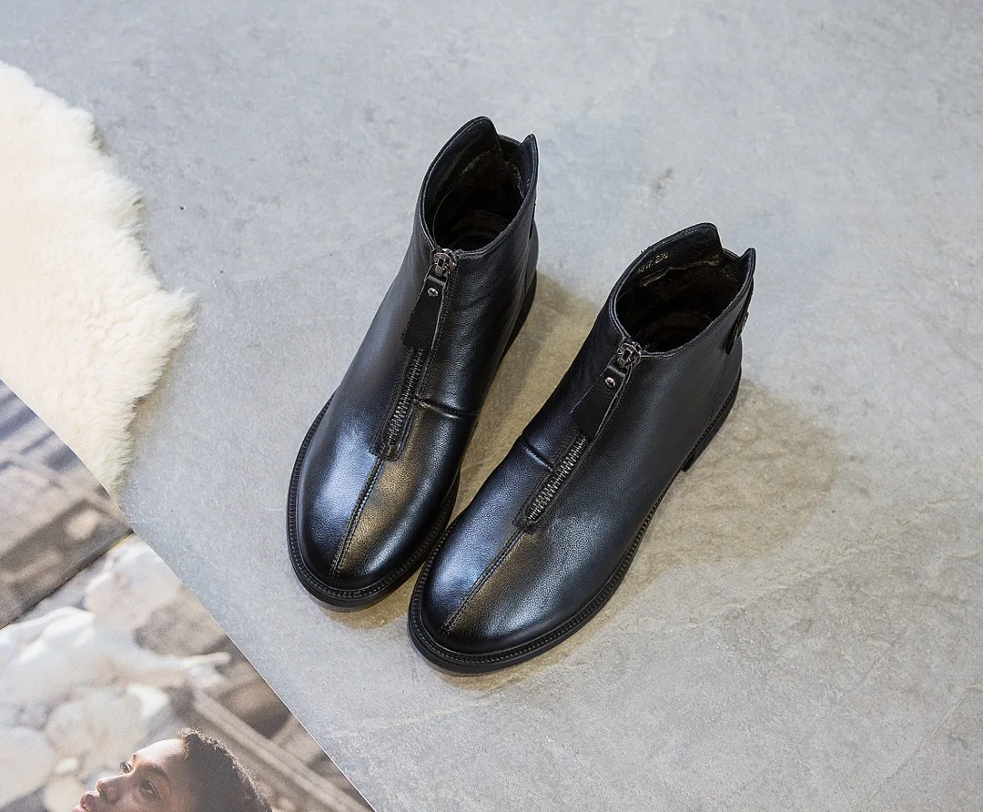 

Full-grain Leather Martin Boots 2019 Winter New Style round-Toe Front Zipper Casual Women's Boots Western Style Comfortable Low
