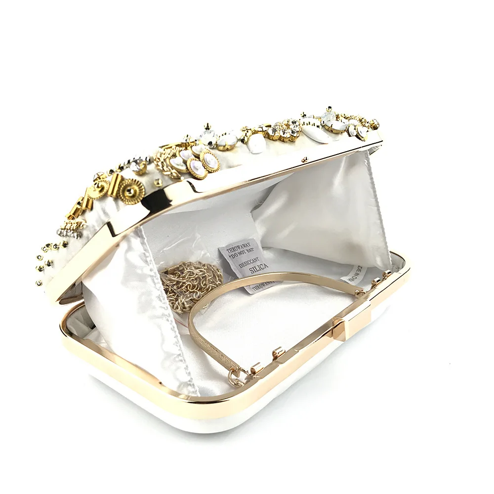 Luxy Moon Bead Embroidered Gold Satin Clutch Bag InSide View