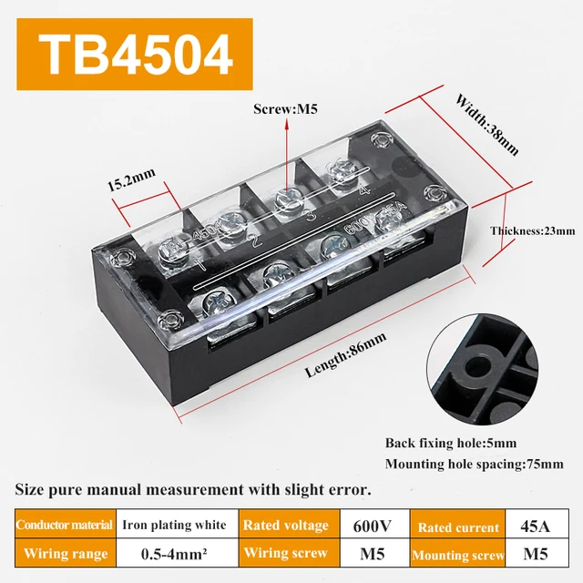 1pcs 45A 600V TB4503 TB4504 TB4505 TB4506 TB4510 TB4512 Dual Row Barrier Screw Terminal Block Strip Wire Connector Wiring tool TB4504