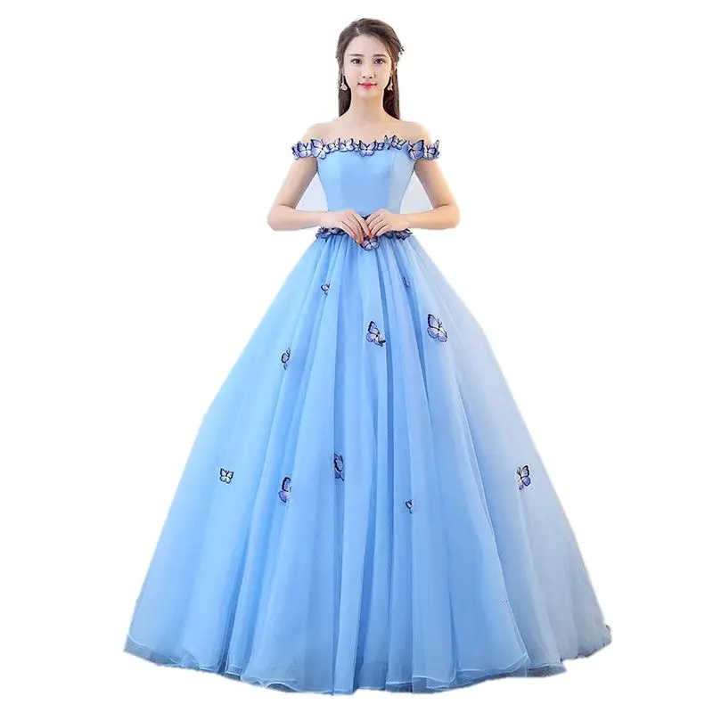 

Fairy Vestido Debutante Cheap Prom Gowns Light Blue Ball Gown Butterfly Quinceanera Dresses Simple Off The Shoulder