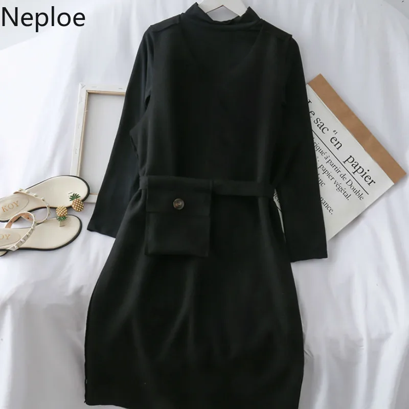 Neploe/Нижняя рубашка с высоким воротником и длинным рукавом с высокой талией, на шнуровке, с подходящим карманом, средней длины, Vestido Tempermanet, свободная, однотонная, Ropa