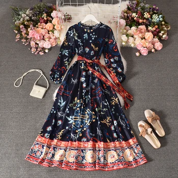 

Spring New Women Dress Printed Flowers Long Sleeve A-line Dress Urban Ladies Drawstring Slim Bohemia Swing Mid-calf Dresses