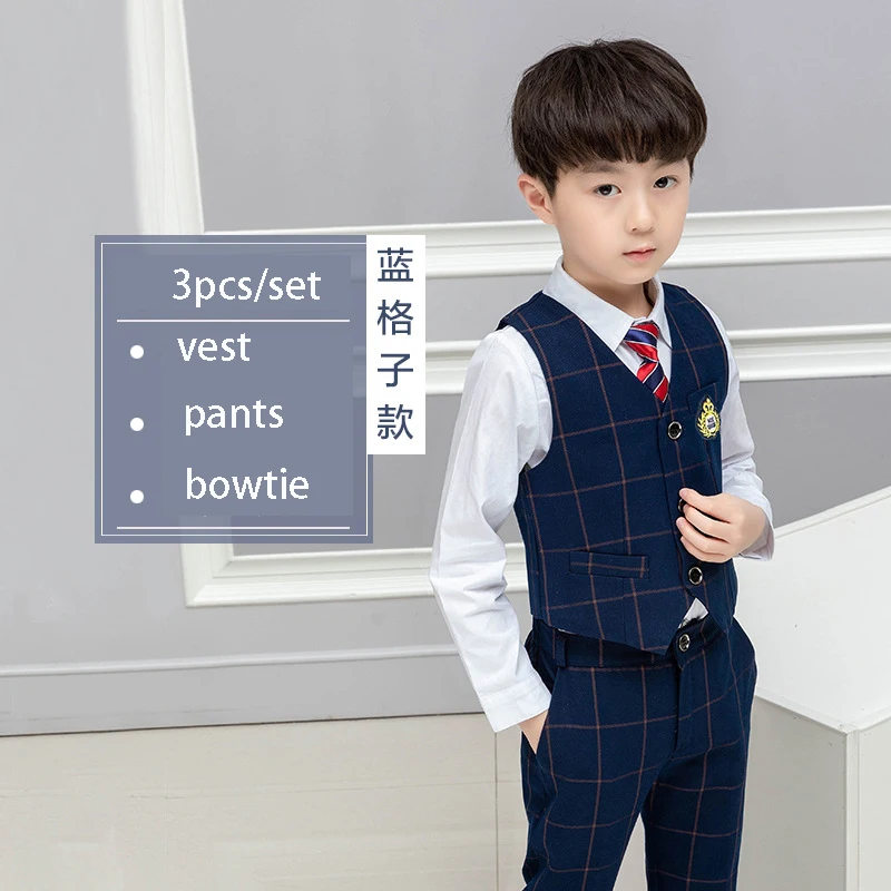 boys 3pcs blue Детский комплект с жилетом в школьном стиле; сезон весна-осень; униформа для начальной школы; жилет для мальчиков и девочек; брюки; рубашки с бантом - Цвет: boys 3pcs blue