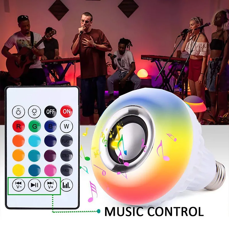 Умная цветная светодиодная лампа E27, RGB, Bluetooth, динамик, светодиодная лампа, 6 Вт, для воспроизведения музыки, с регулируемой яркостью, беспроводной светодиодный светильник с ИК-пультом дистанционного управления