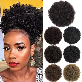 

Kong&Li Puff Afro Curly Wig Ponytail Drawstring Short Afro Kinky Pony Tail Clip in Synthetic Hair Bun with Bang Extensions