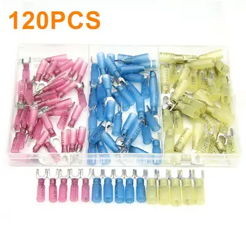 120 個フォークスペードシール熱収縮電線絶縁圧着コネクタバット端子 AWG10-22 キット詰め合わせ