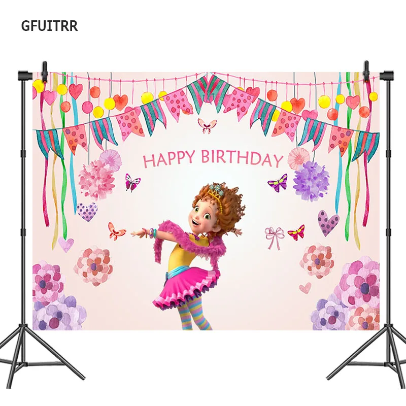 

GFUITRR Fancy Nancy Photography Backdrop Girls Birthday Party Flowers Flags Photo Background Pink Vinyl Photo Booth Props