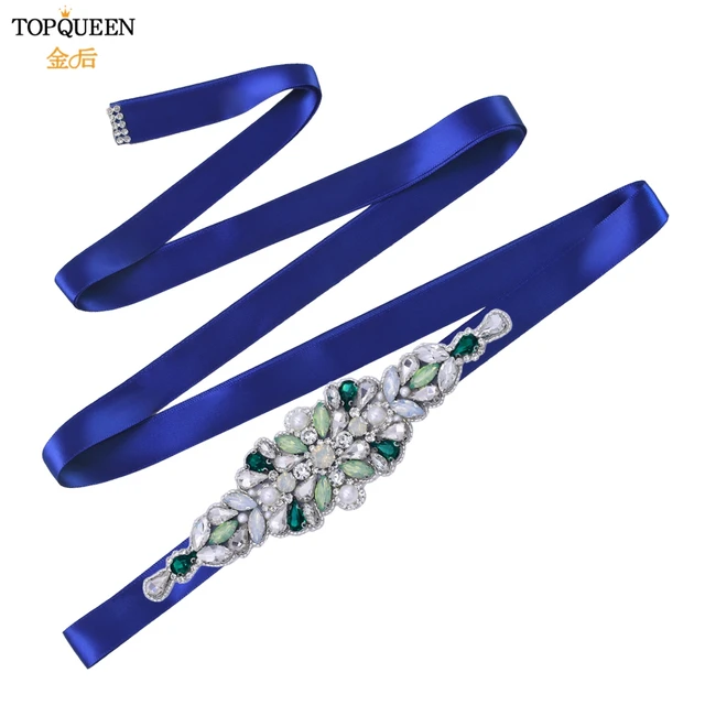 TOPQUEEN S443 Luxury Green Rhinestone Bridal Belt Beaded for Formal Evening Dresses Custom Diamond Decorative Belt Handmade royal blue ribbon