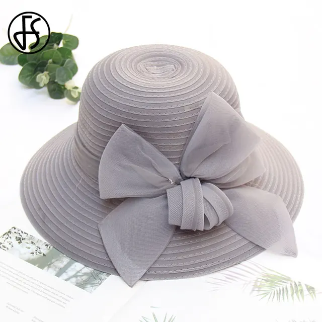 FS Pink Wide Brim Hats For Women Caps Ladies Fascinators Fedora Hat Flower Wedding Church Party Beach Sun Hats Light Gray