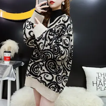 

Retro Print Sweater Pullover Knitted Female Autumn Winter 2019 Casual V-neck Lantern Sleeve Loose Shirt Knitwear Jumper Topf1478