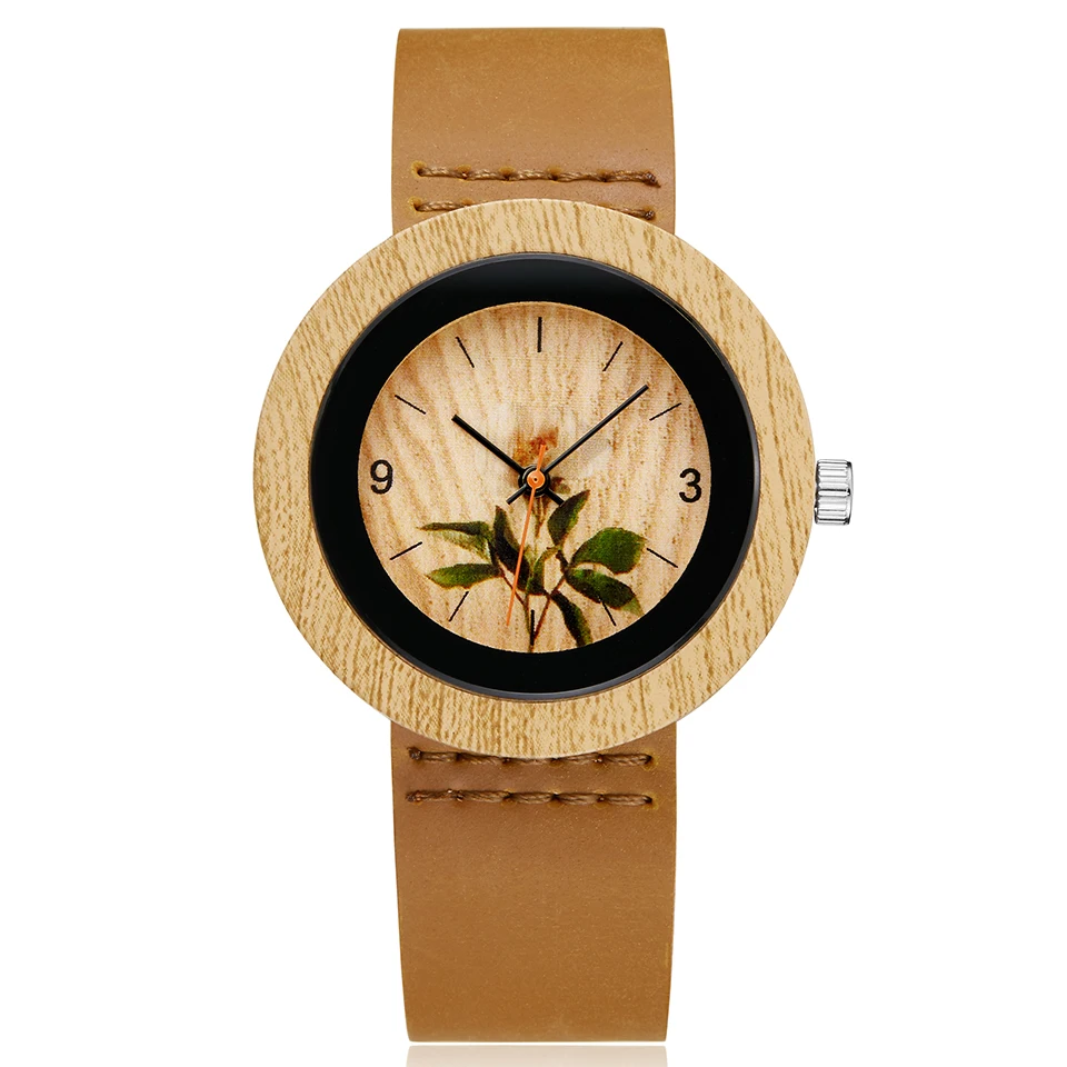 Часы с имитацией дерева в виде цветка, мужские женские наручные часы, имитация деревянных часов, восьмиугольник, акриловый чехол, коричневые наручные часы для влюбленных, Reloj Uhr - Цвет: W277