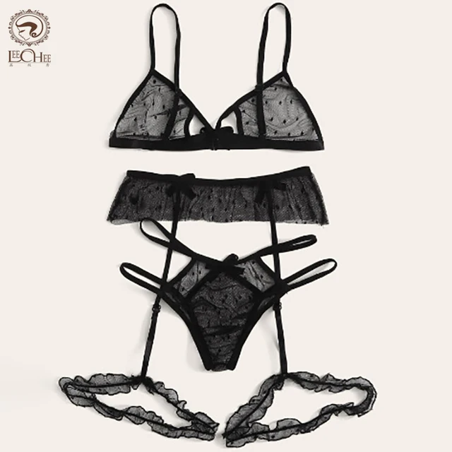 LEECHEE New Mesh Sexy kobiety bielizna 3 sztuk biustonosz zestaw drążą stanik przezroczysta bielizna zestaw Polka Dot S-2XL biustonosz i figi zestaw 2