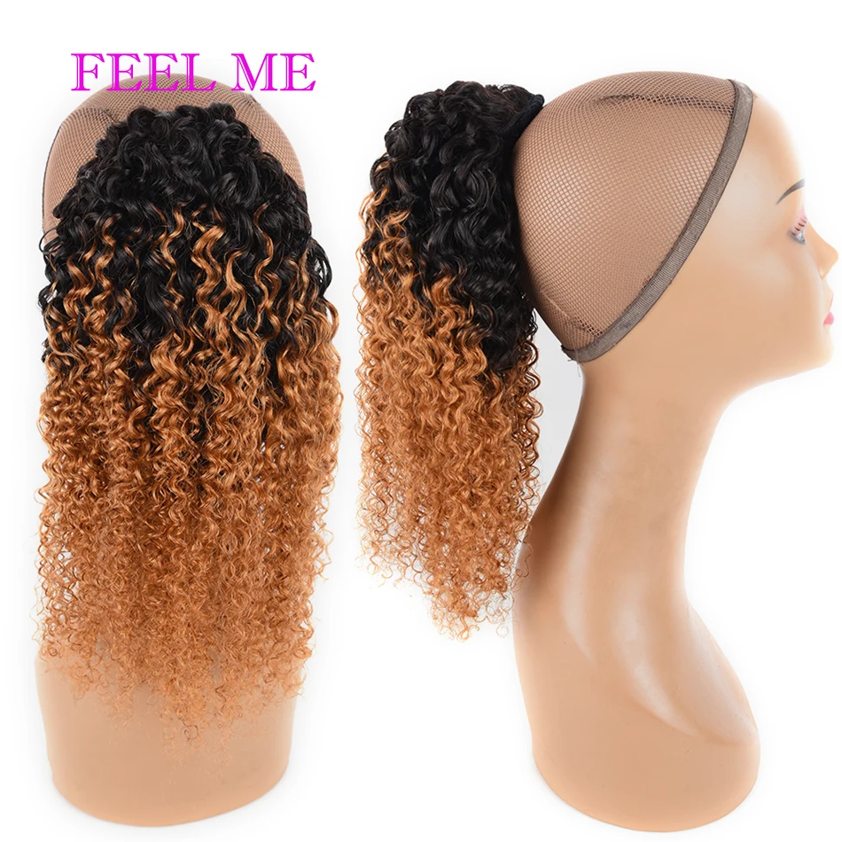 

FEELME Ombre Brazilian Curly Wrap Around Drawstring Ponytail Clip In Hair Extensions 1b/30 Afro Kinky Curly Ponytail Human Hair