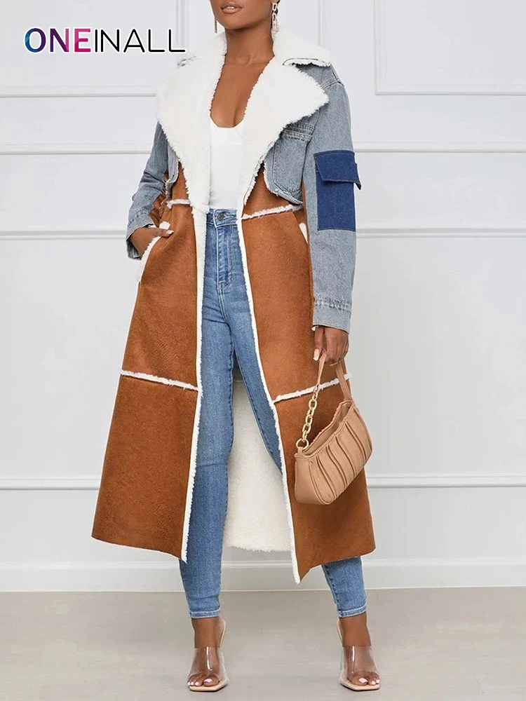 

ONEINALL Patchwork Colorblock Outerwear Coats For Women Lambswool Thick Lapel Long Sleeve Trench Female 2022 Winter Clothing New