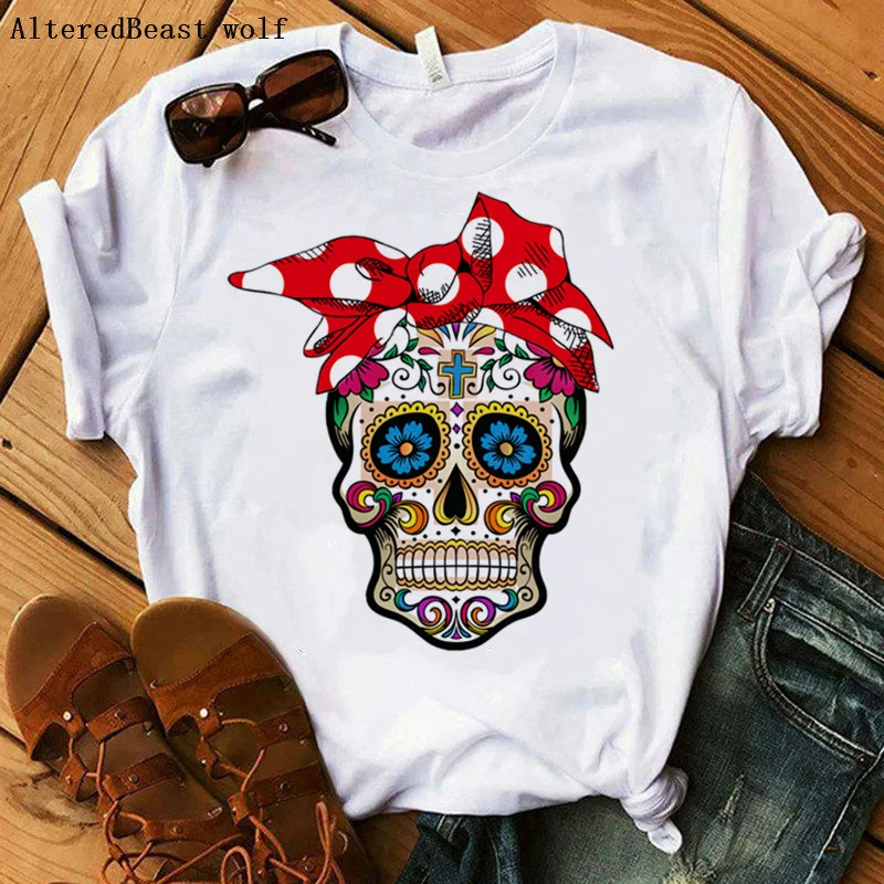 

Women Fashion Sugar Skull Pink Bandana Mom Tops Skull Bandana Mama T-Shirt Female Hip Hop Vintage Clothes Printed Funny Tshirt