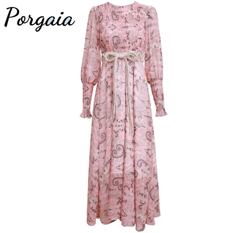 

Porgaia Autumn V-Neck Foral Printing Empire Draped Full Sleeve Vintage A-Line Dress Woman Dress Women Vintage Long Sleeve Dress