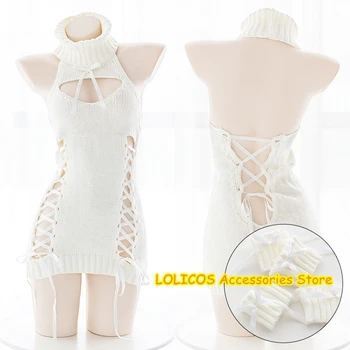 

Virgin Killer White Sheep Rabbit Cosplay Sexy Women Open Chest Backless Knitted Sweater Japanese Lolita Hollow out Bandage Dress