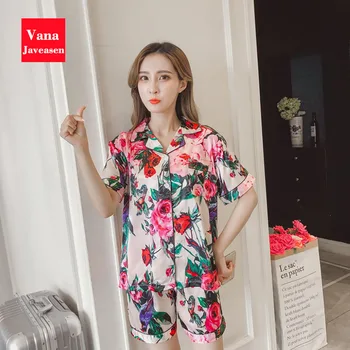

Vana Javeasen Summer Thin Floral Women Pajamas Sets Faux Silk Homewear Buckle Female Nightwear Short Sleeve Womens Sleepwear