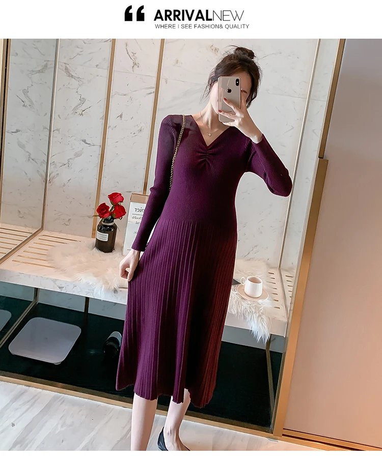 508# осенне-зимнее корейское модное трикотажное платье для беременных с v-образным вырезом, облегающая Одежда для беременных женщин, элегантный кардиган для беременных